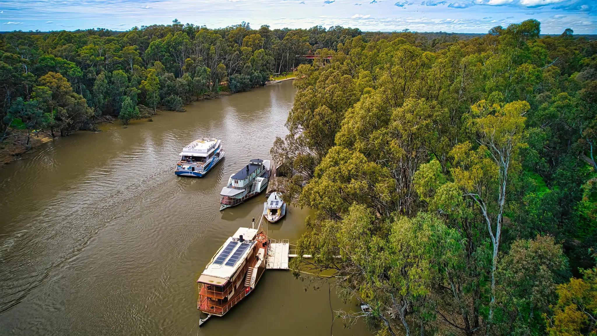 Aerial view of paddle steamers on the Murray River at Echuca